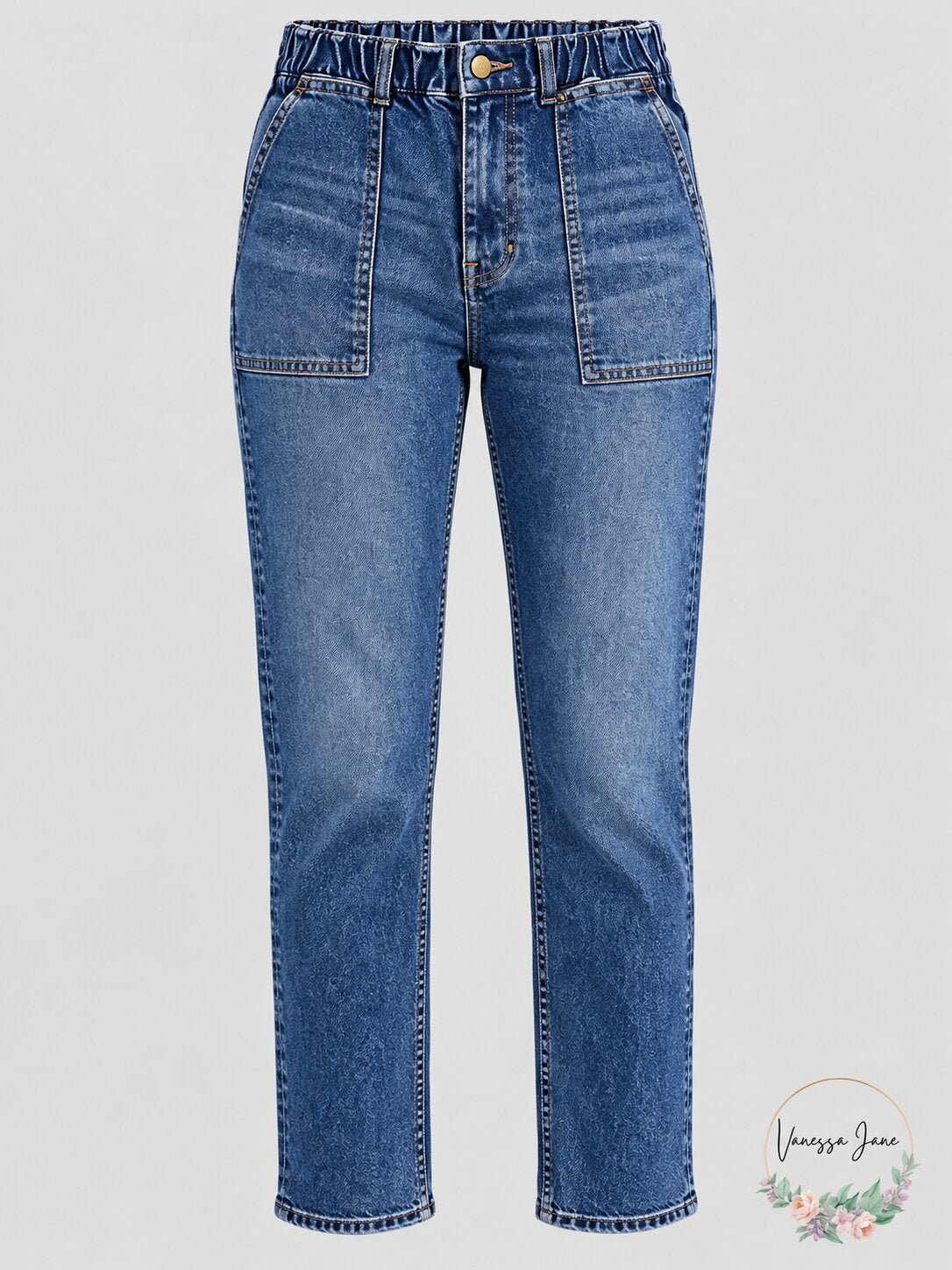 Aqua Womens Smocked Waistband Medium Wash Straight Leg Jeans Blue 24