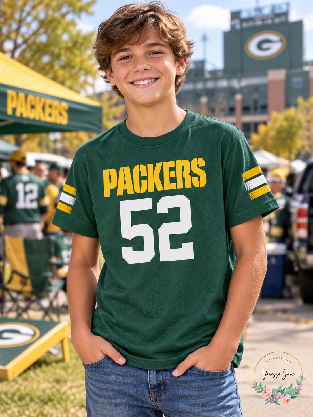 NFL Girls Clay Matthews Green Bay Packers Main Stripes V-Neck, Large/ 14