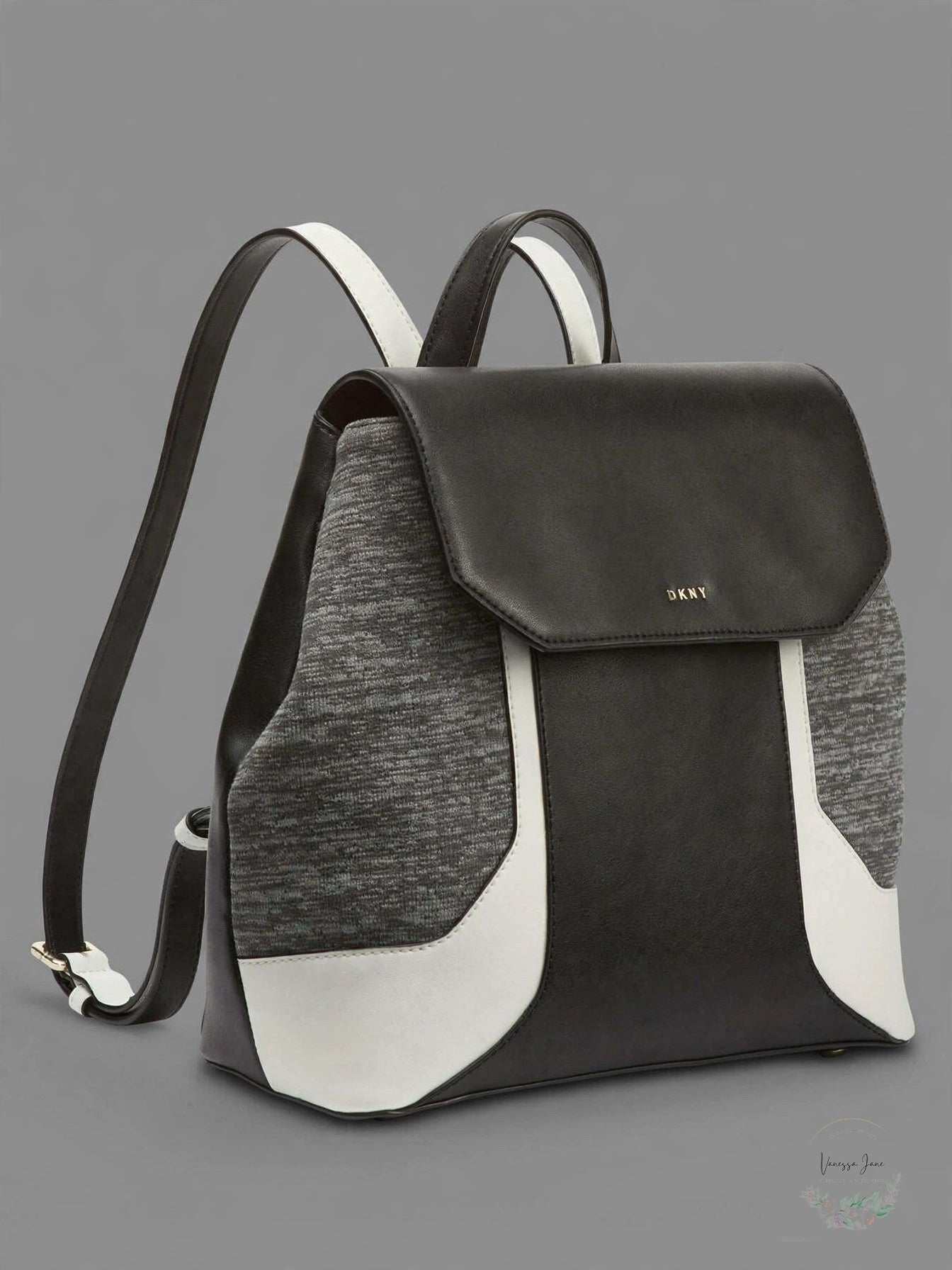 DKNY Jade Medium Flap Backpack Black White Gray Colorblock