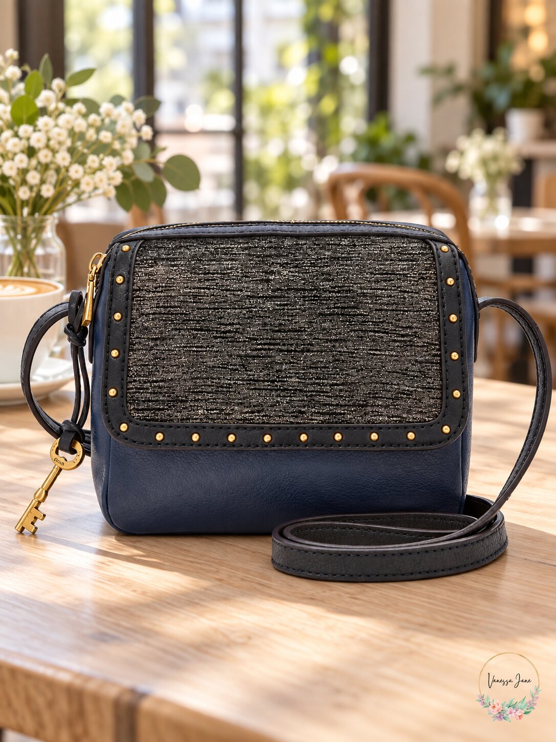 Fossil Kinley Navy Leather Small Crossbody Handbag