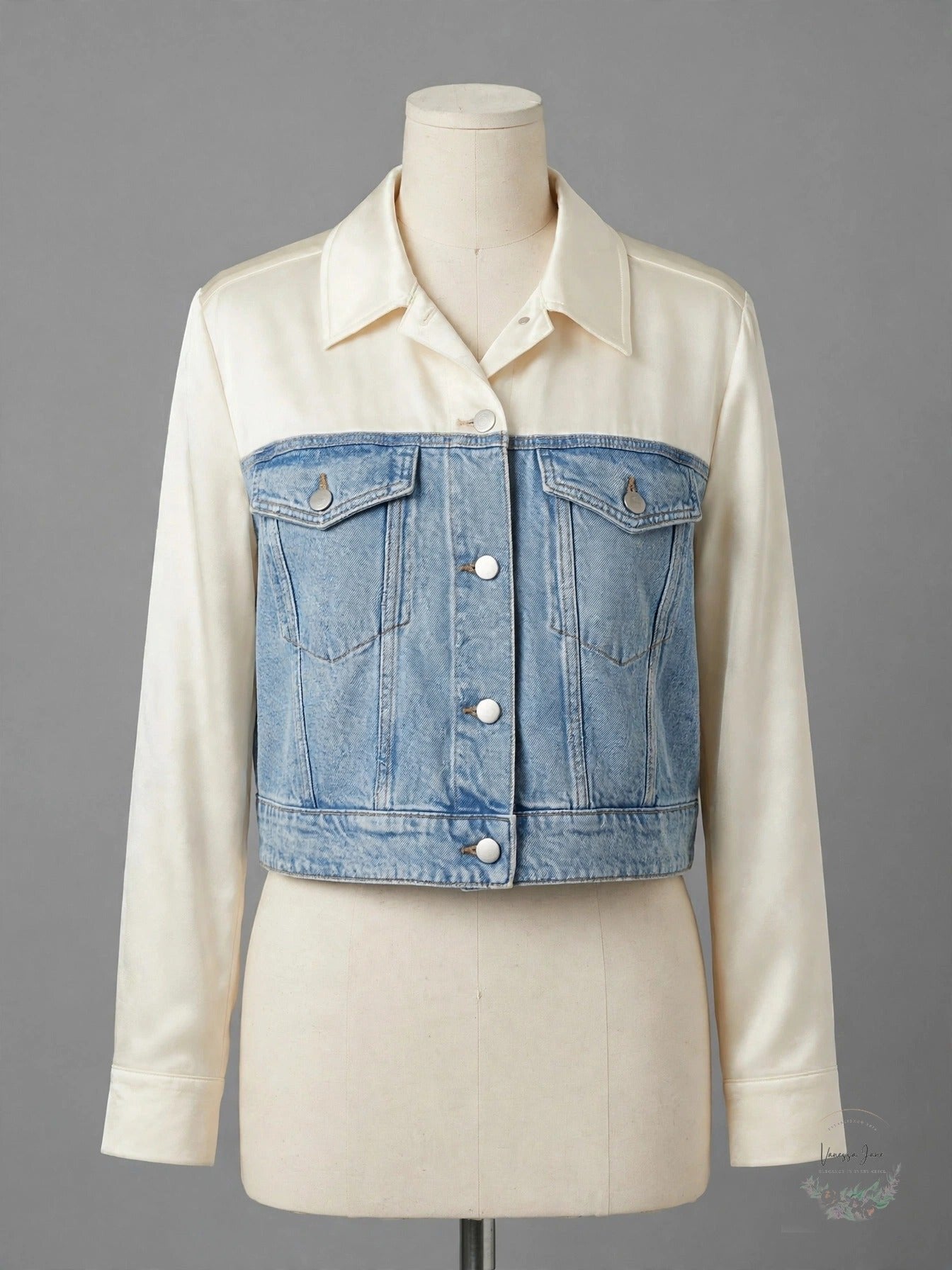 Express Satin Pieced Cropped Denim Jacket, Size Large