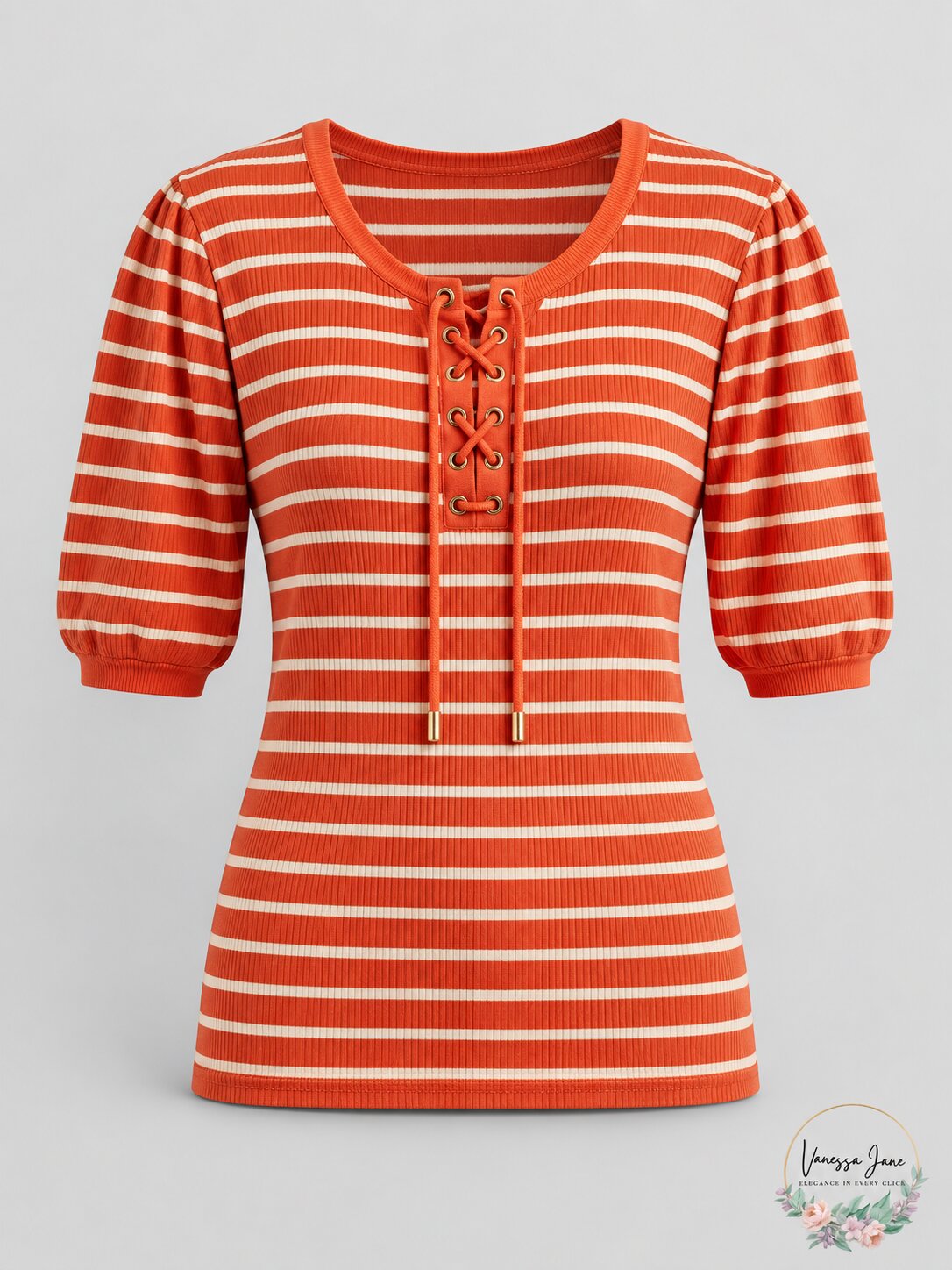 Ralph Lauren Womens Top Waffle-Knit Striped Puff-Sleeve Lace Up Neck, Size L
