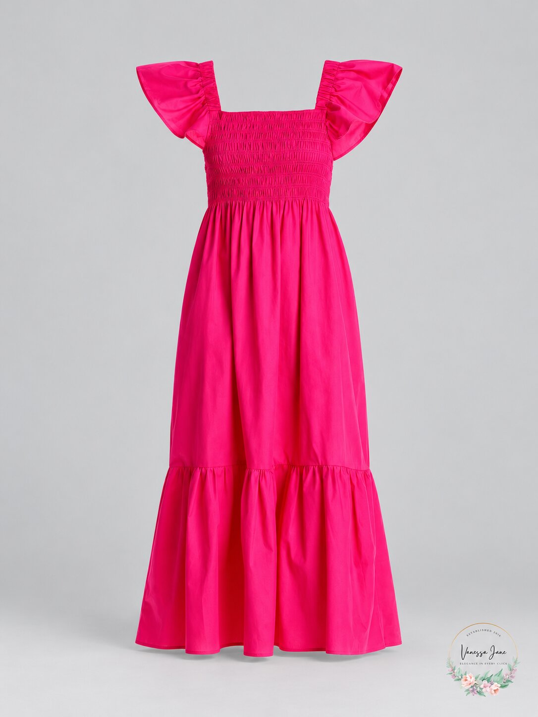 Aqua Smocked Flutter Sleeve Midi Dress Magenta