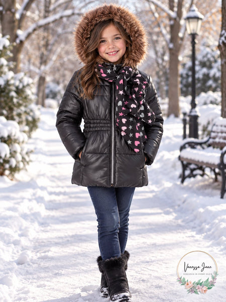 Rothschild Girls Black Puffer Jacket With Scarf and Faux Fur Trim, Size S