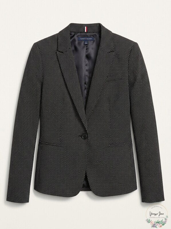 Tommy Hilfiger Womens Black White Polka Dot One Button Notch Collar Blazer Sz 14