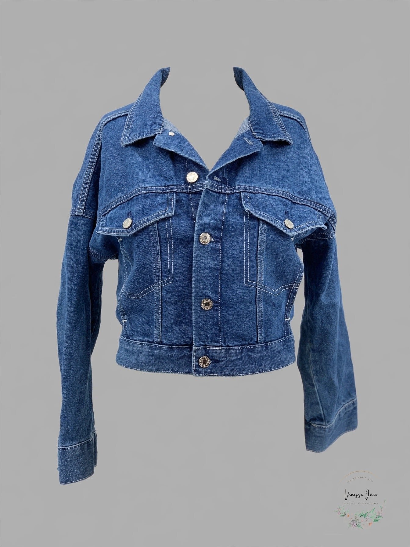 Women's Blue Cropped Denim Jacket - Waistline Button-Front, Size Small
