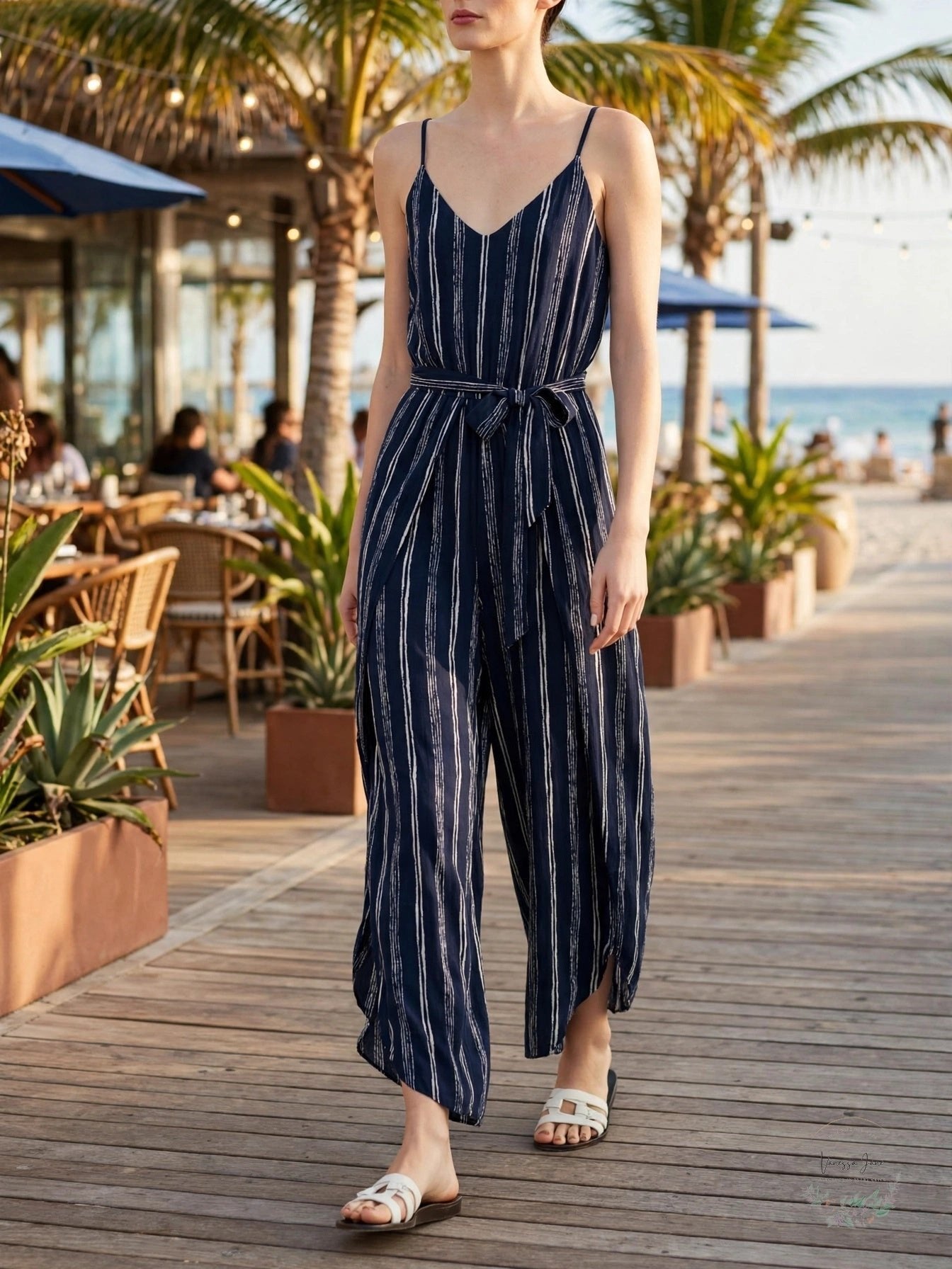 Aqua Womens Striped Wide-Leg Jumpsuit Navy Stripe