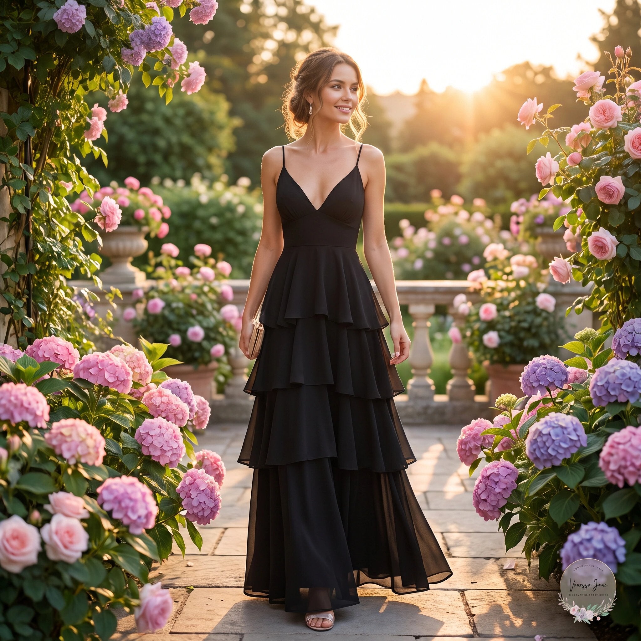 Gracia Flare Layered Elegant Maxi Dress Black