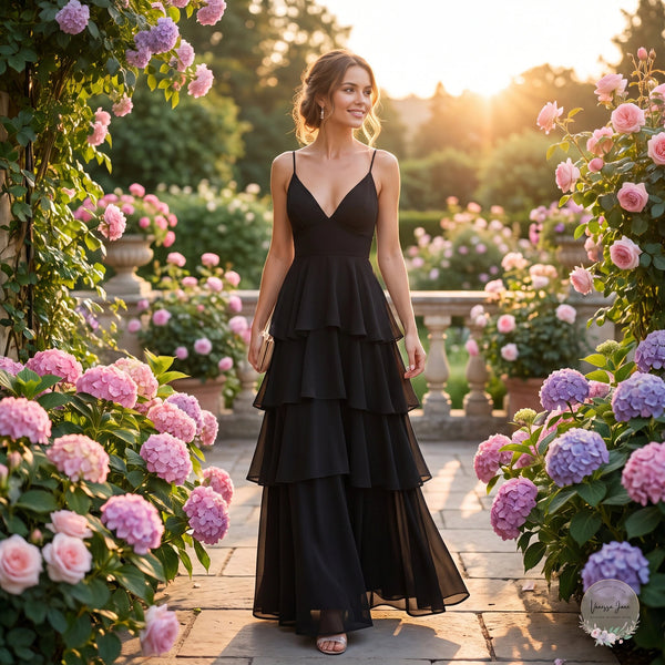 Gracia Flare Layered Elegant Maxi Dress Black