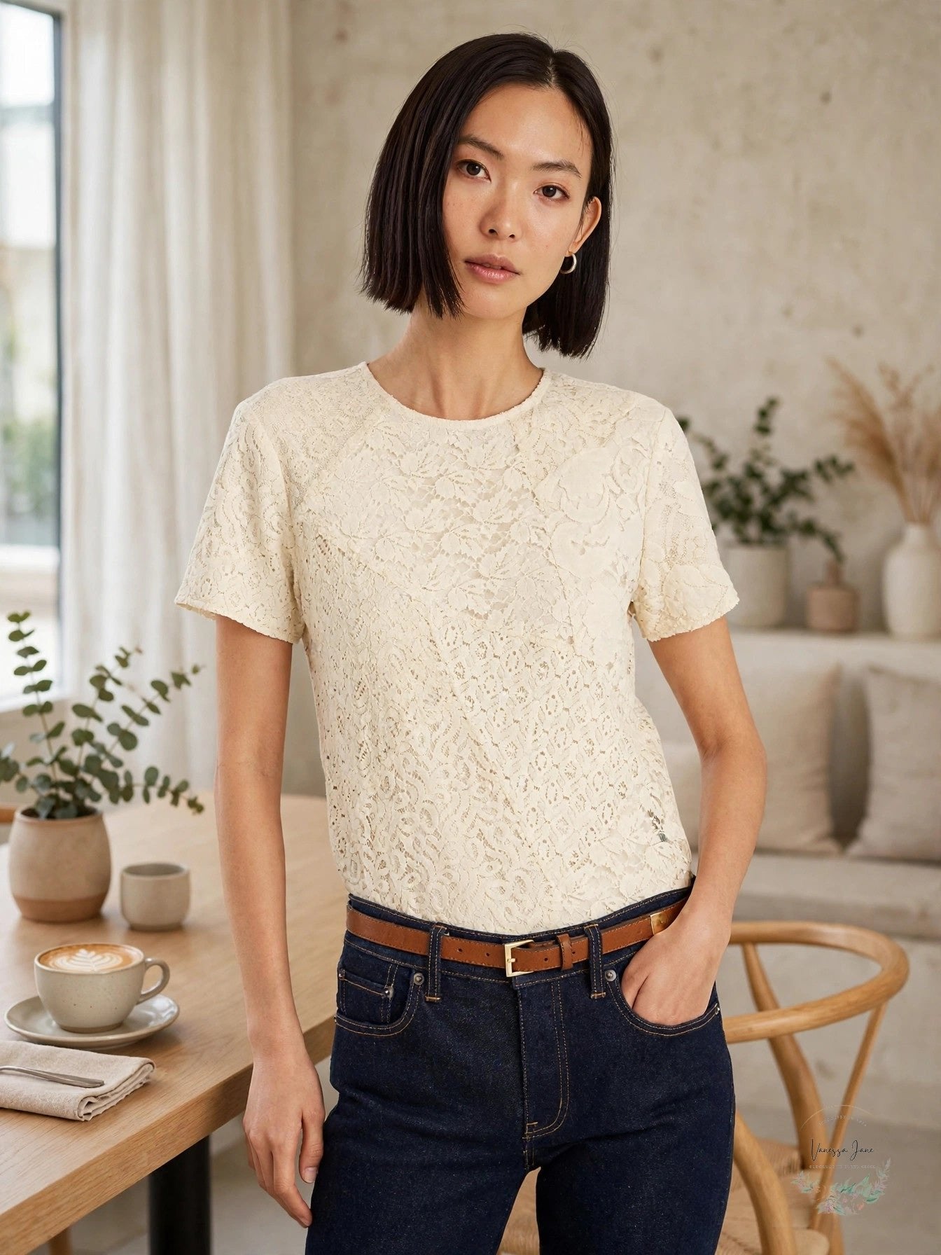 Lauren Ralph Lauren Patchwork Lace Short-Sleeve Blouse, Size 10 Winter Cream