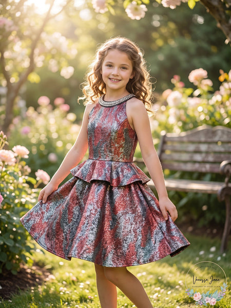 Monteau Big Girls Sparkle Printed Peplum Dress