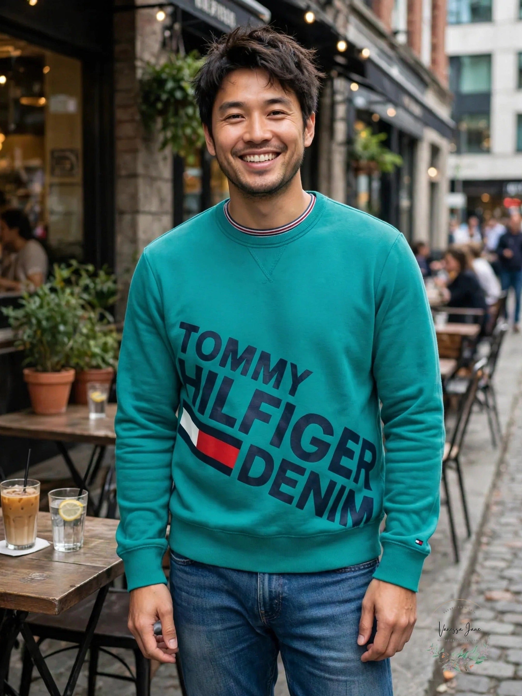 Tommy Hilfiger Mens Denim Graphic Sweatshirt, Teal Green, Size Large