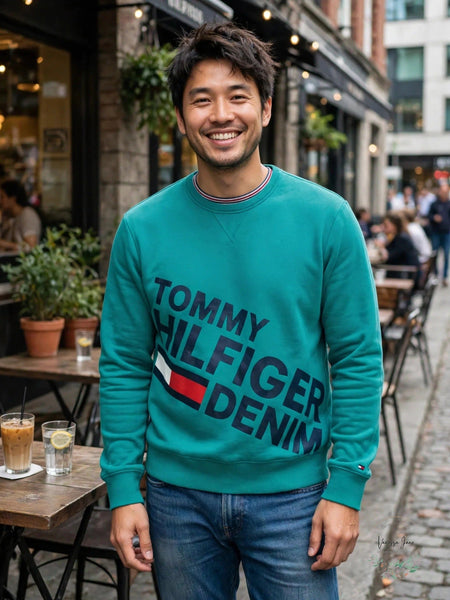 Tommy Hilfiger Mens Denim Graphic Sweatshirt, Teal Green, Size Large