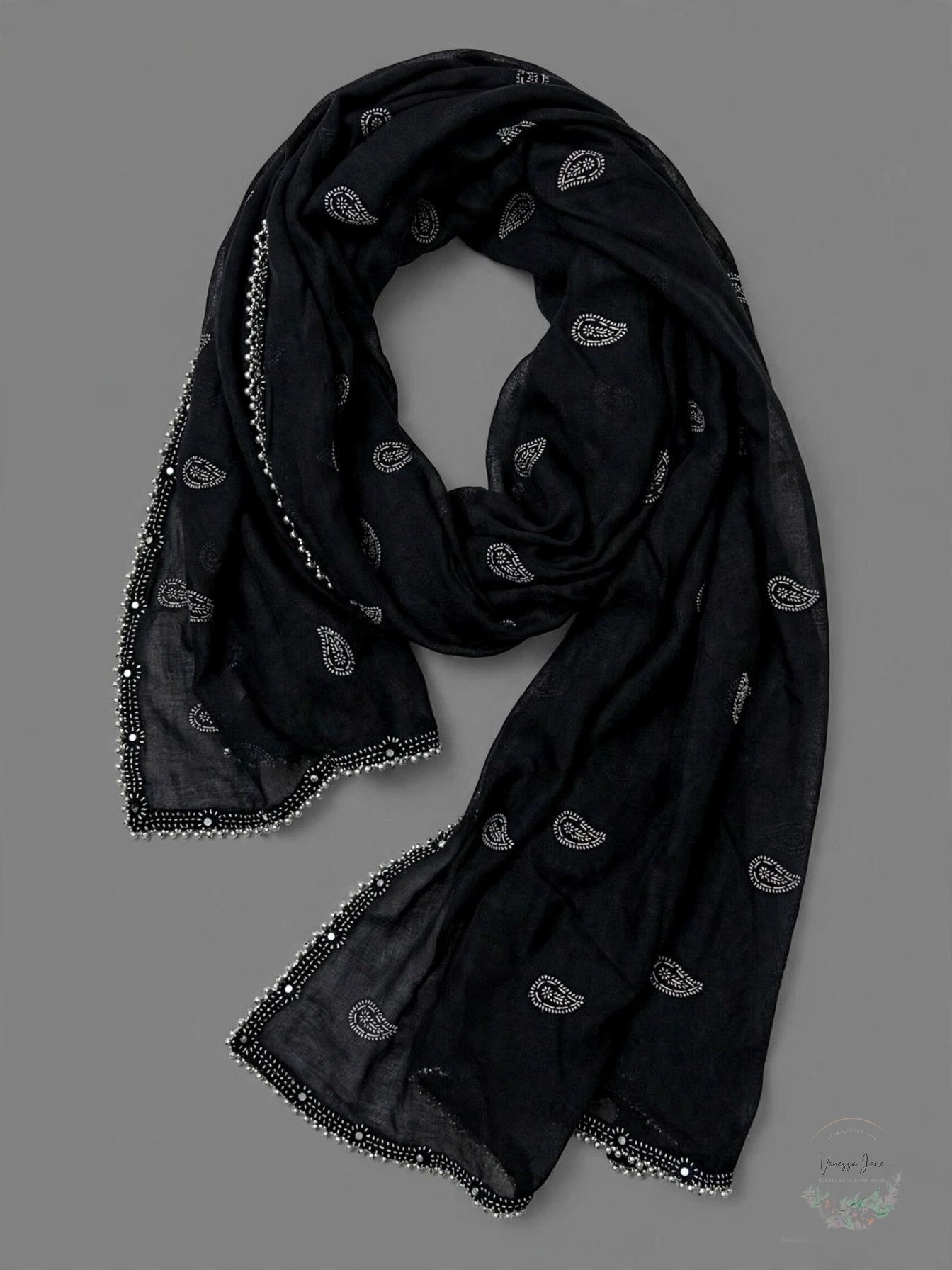 Surface Scarf Wrap Black and Silver Leaves, Beaded Edge