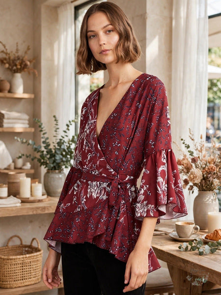 French Connection Womens Ellet Crepe Wrap Blouse, Red, Large