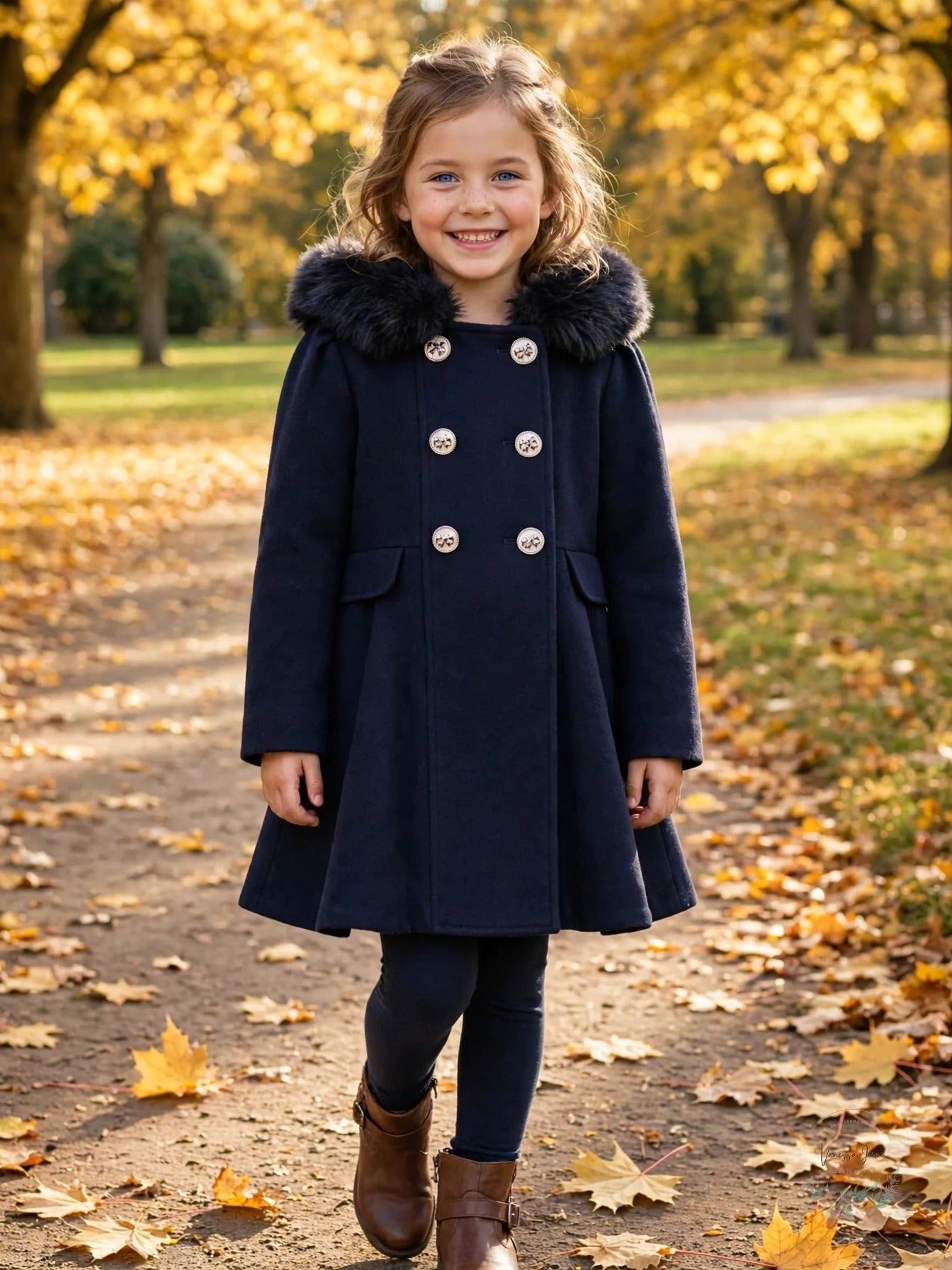 Rothschild Little Girls Hooded Pea Coat Navy Blue Pleated Faux Fur, 7-8