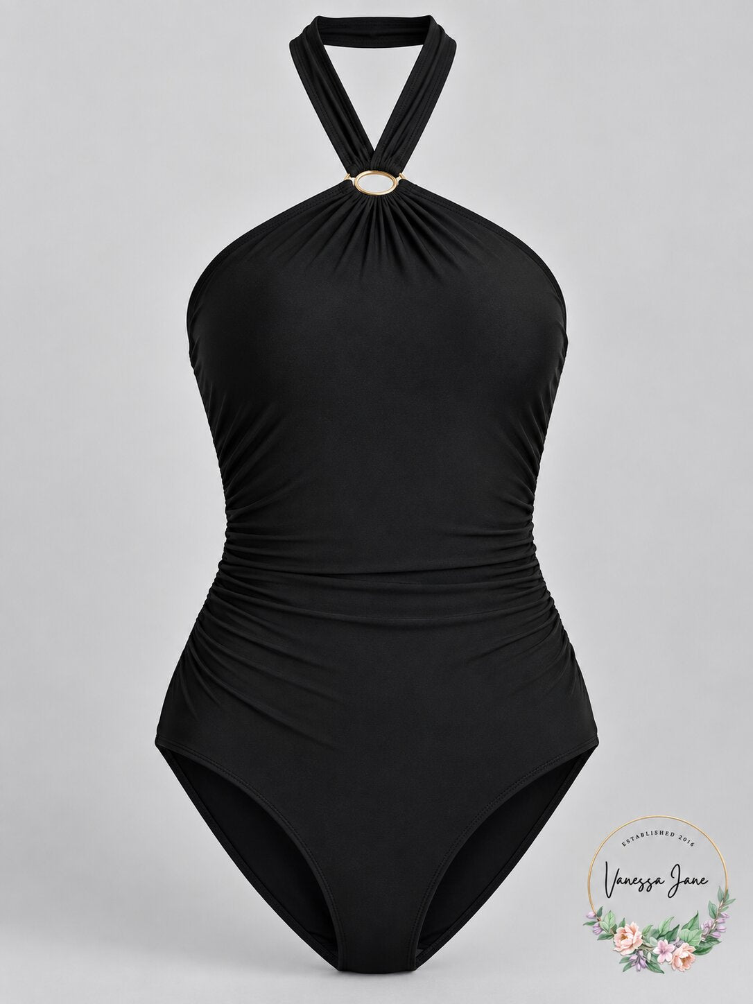 Calvin Klein Ring Halter Shirred One-Piece Swimsuit, Size 4