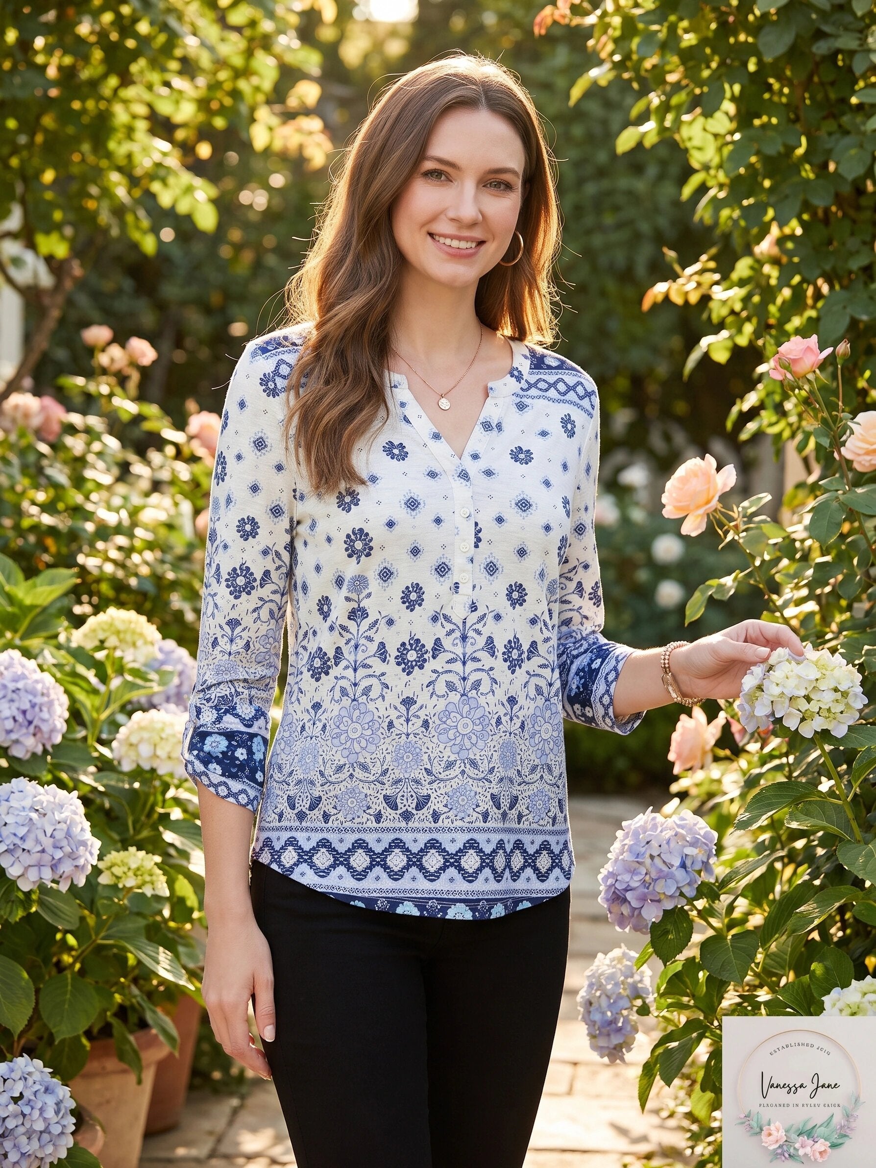 Style & Co Petite Split Neck 3/4-Sleeve Printed Shirt Size PXL