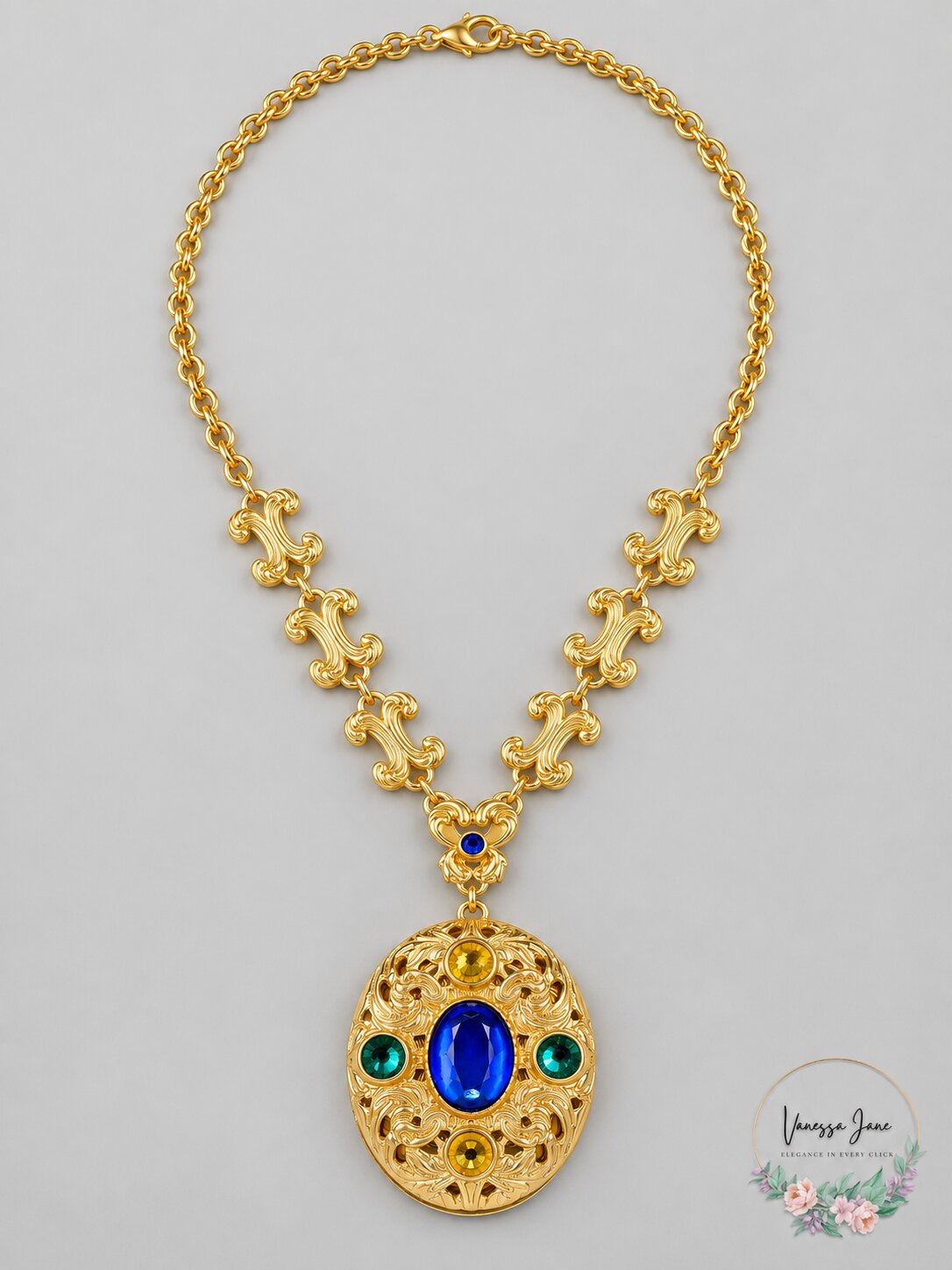Patricia Nash Gold-Tone Multicolor Stone Oval Filigree Locket 29-1/2 Pendant