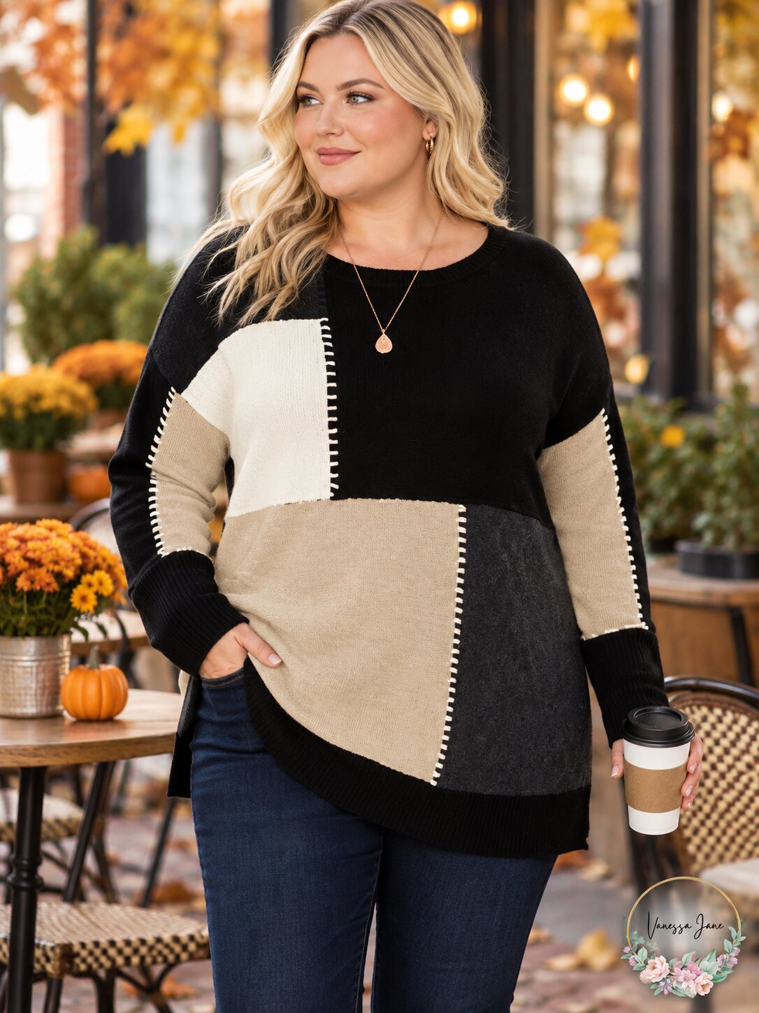 Style & Co. Womens Plus Patchwork Colorblock Tunic Sweater