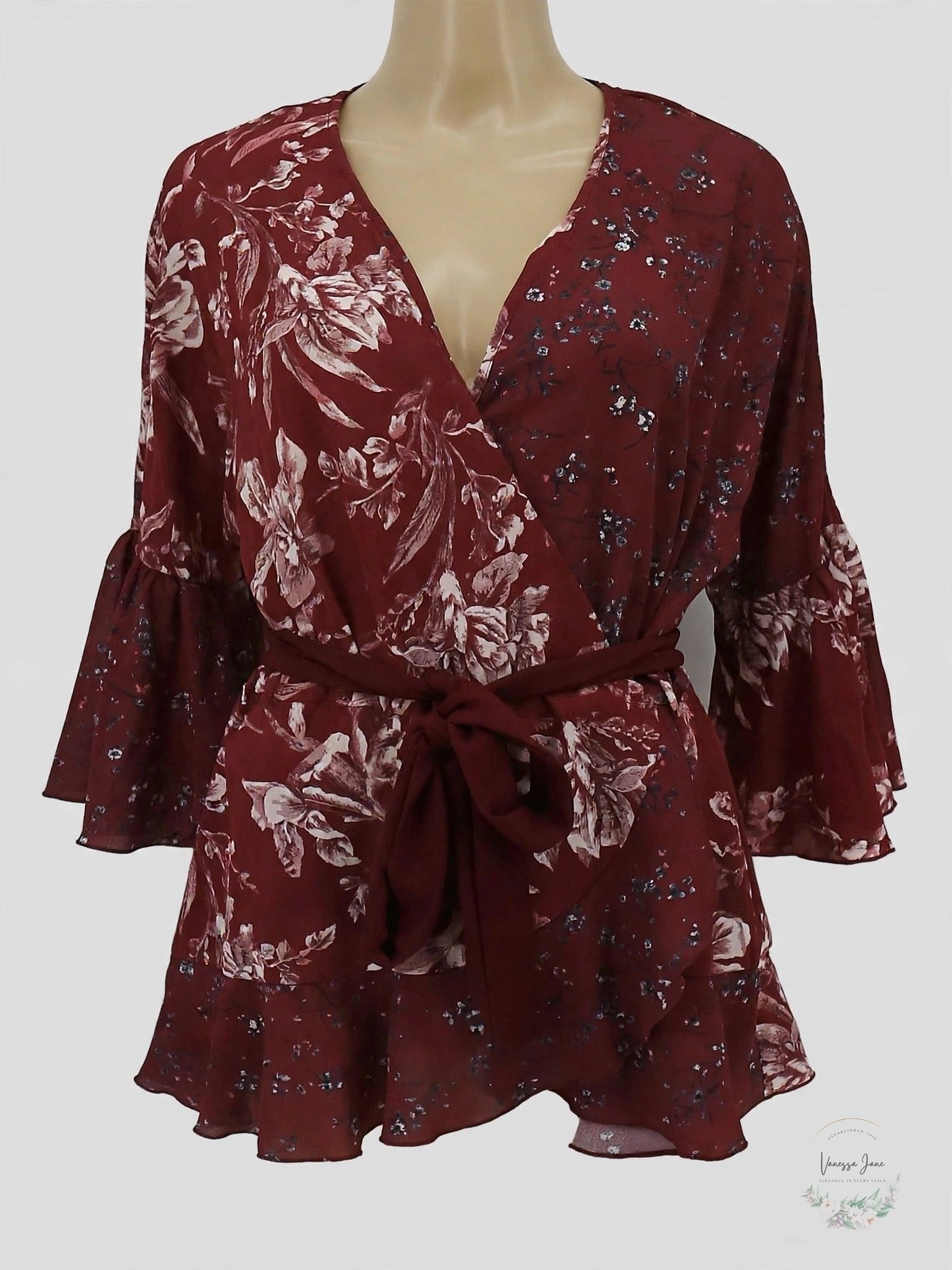 French Connection Womens Ellet Crepe Wrap Blouse, Red, Large