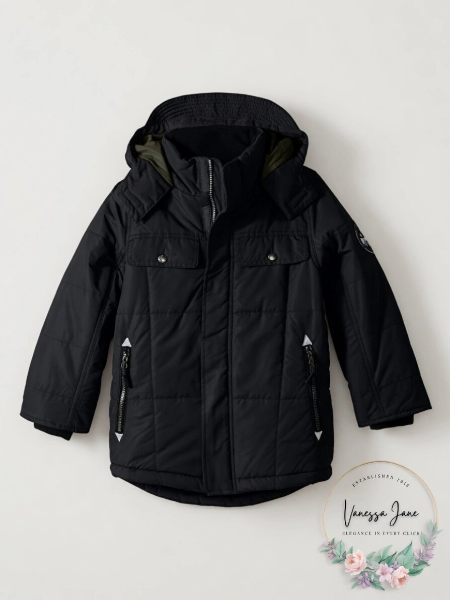 Big Chill Little Boys Quiltd Expedition Jacket W Hood, Black, Size 5