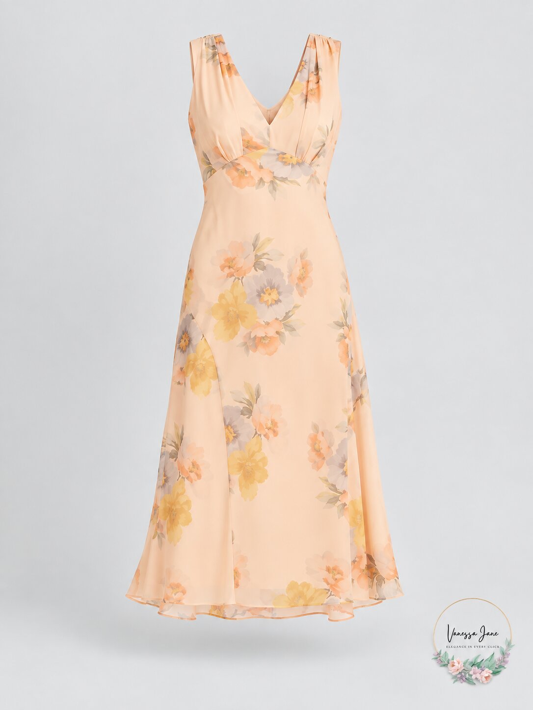 Ralph Lauren Crinkled Georgette V-Neck Empire Waist Midi Dress, Size 16