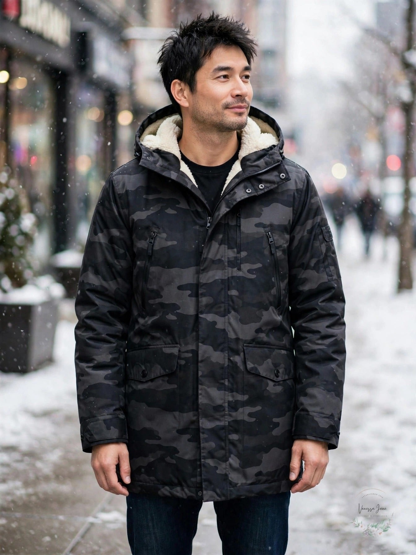 Michael Kors Mens Otto Stadium Parka Sherpa Lined Black Camo, Size M