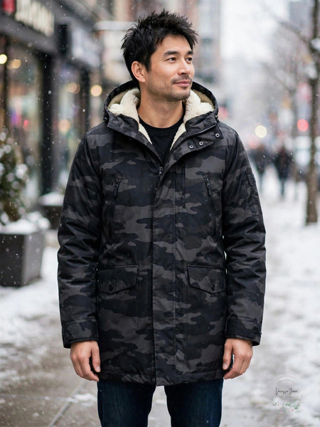 Michael Kors Mens Otto Stadium Parka Sherpa Lined Black Camo, Size M