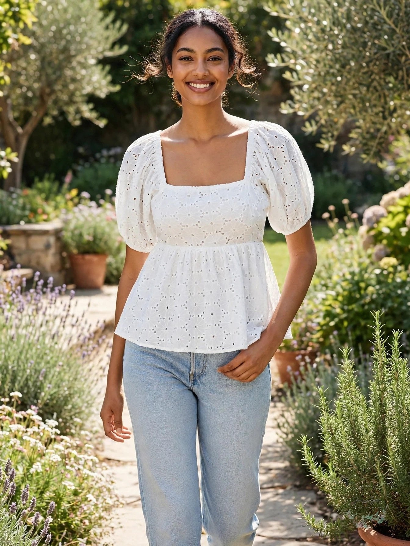 Aqua Babydoll Eyelet Top