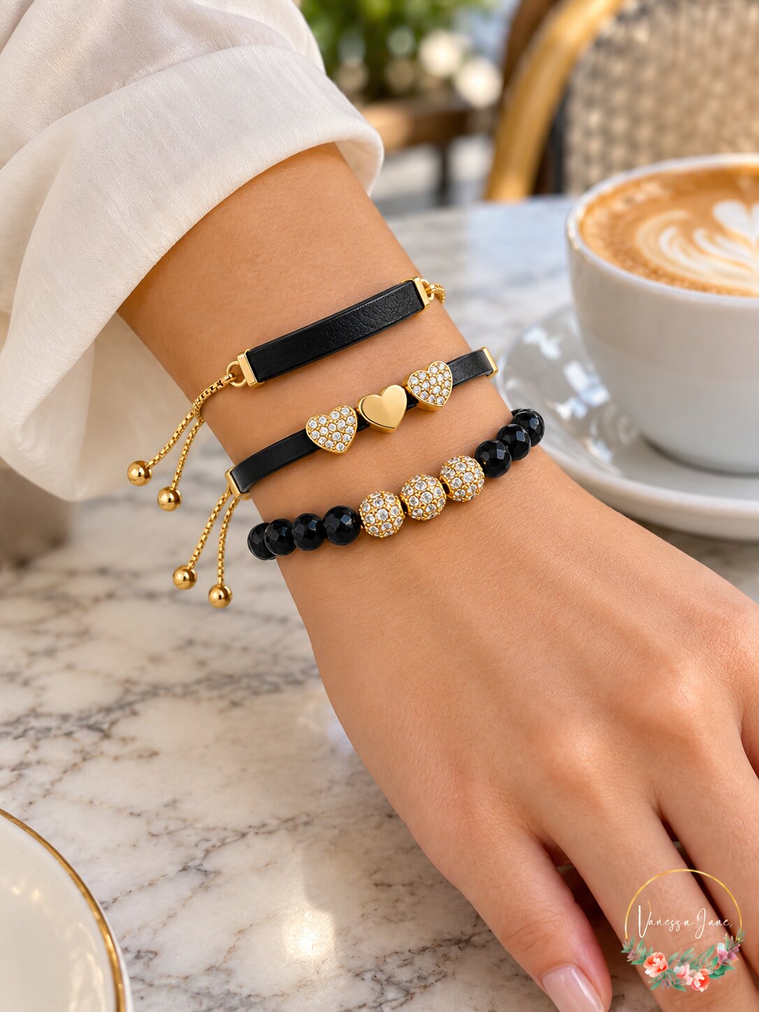 Guess Gold-Tone 3-Pc. Set Crystal, Heart & Bead Faux Leather Slider Bracelets