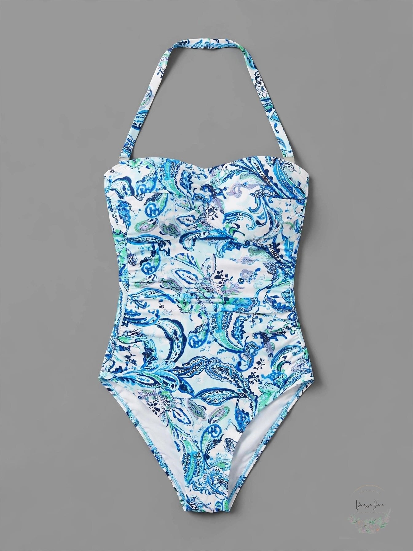 Lauren Ralph Lauren Blue Paisley Ruched Bandeau One-Piece Swimsuit