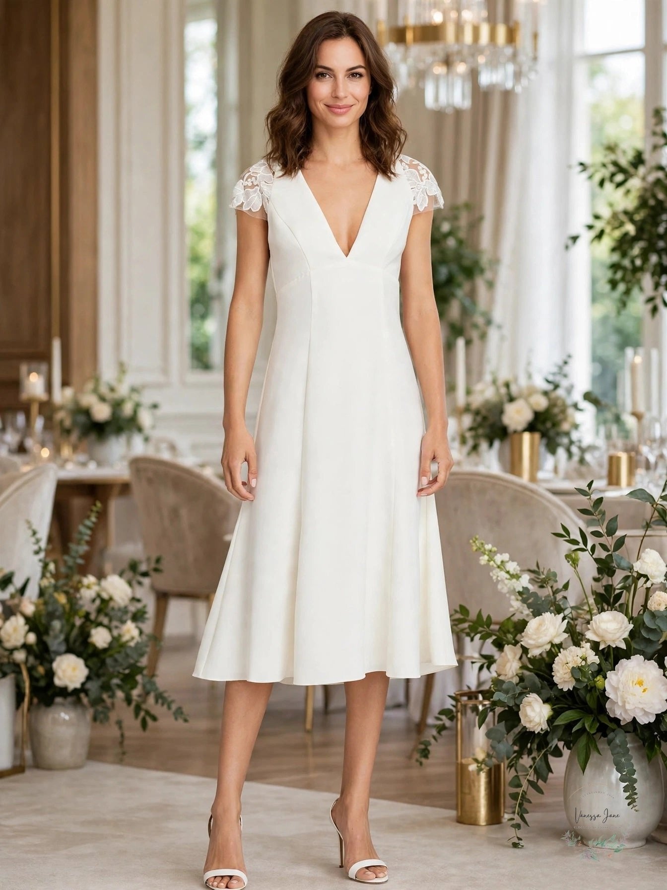 Amsale Ivory V-Neck Lace Cap Sleeve Midi Dress