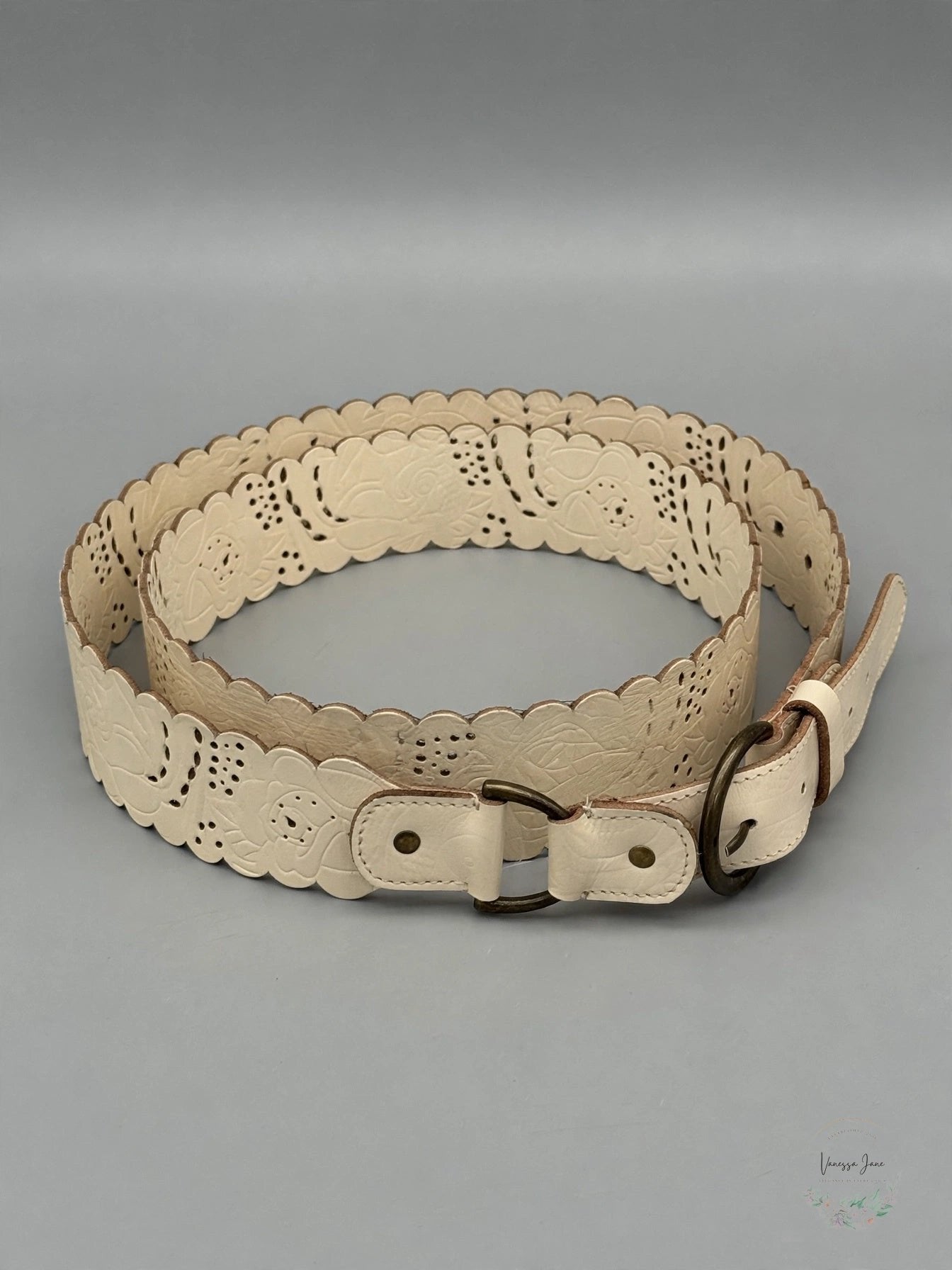 Unbranded Womens Wide Faux Leather Perforated Floral Belt, 33in, adjustable