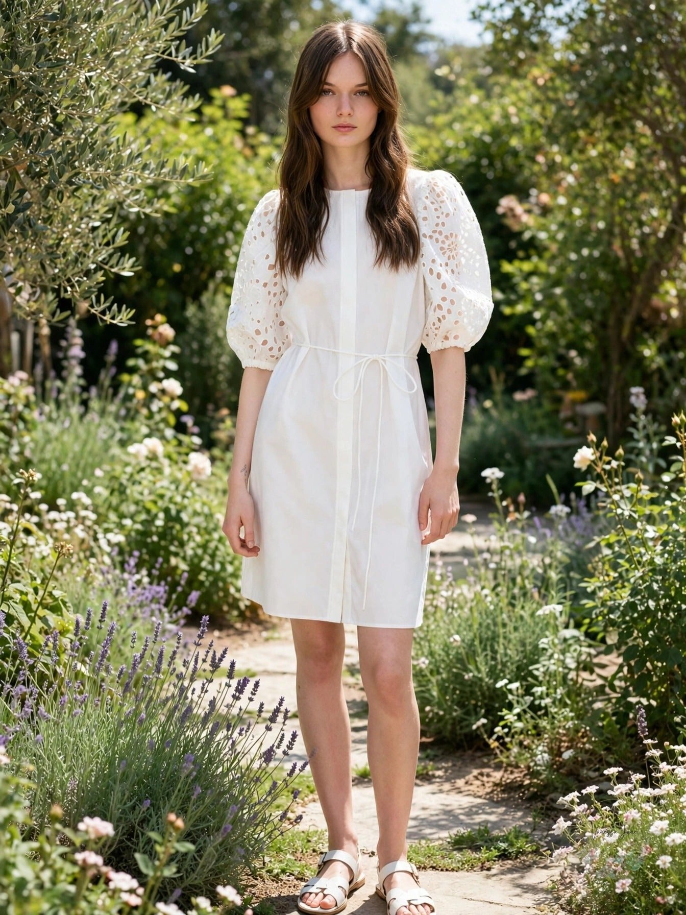 H&M Dress with Eyelet-Embroidered Sleeves, Medium