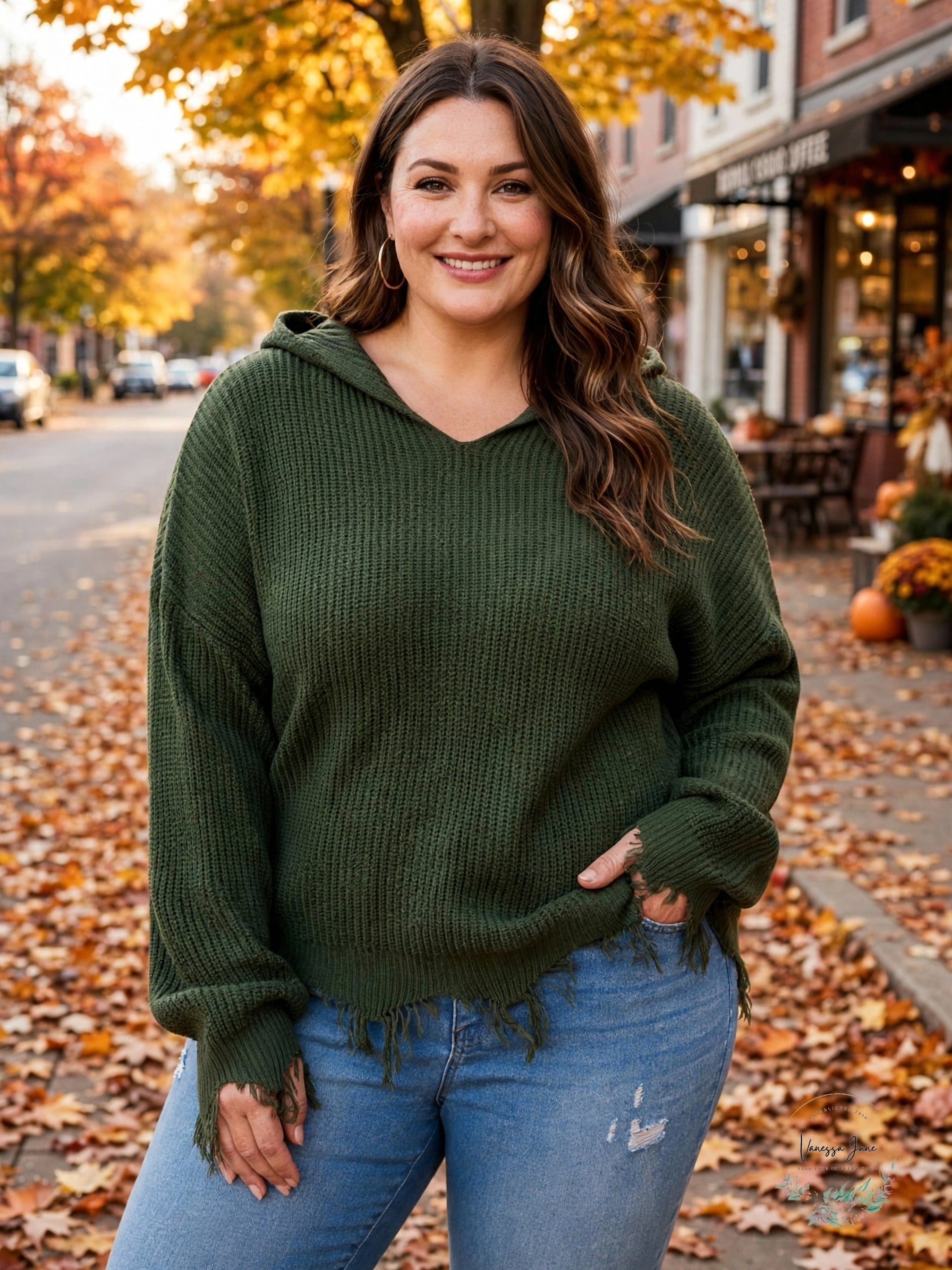 Full Circle Trends Trendy Plus Size Hooded Distressed Sweater