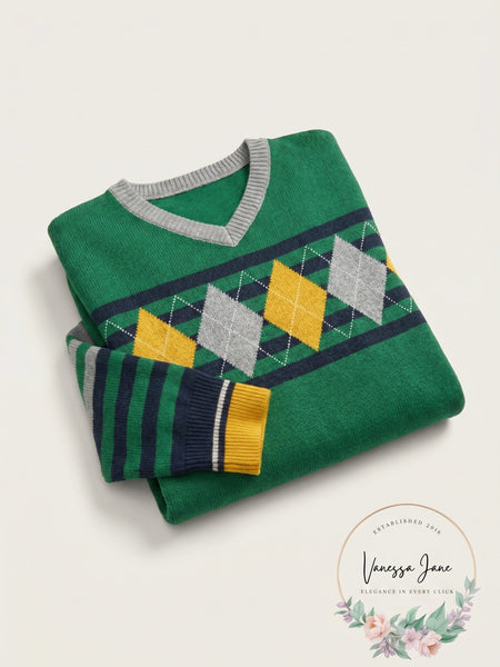 Tommy Hilfiger Boys V-Neck Sweater Green/Navy  Size 7