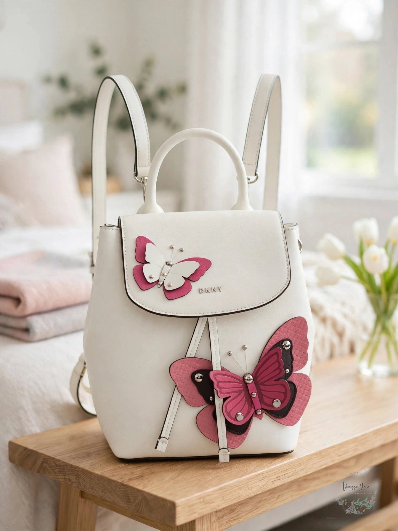Dkny Lex Leather Butterfly Garden Backpack, White/Silver