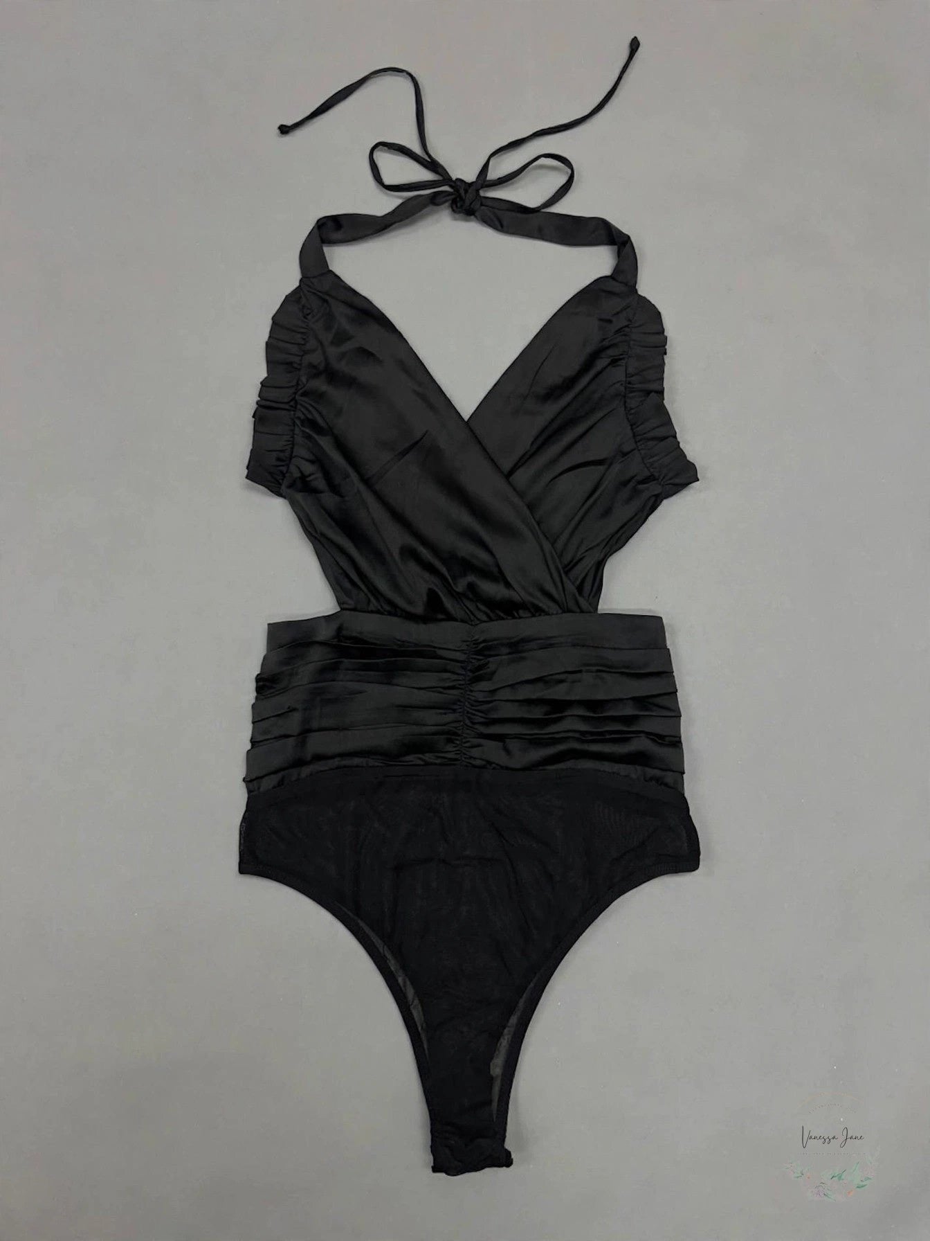Lulus You Know the Frill Black Satin Ruffled Ruched Tie-Back Bodysuit, Size L