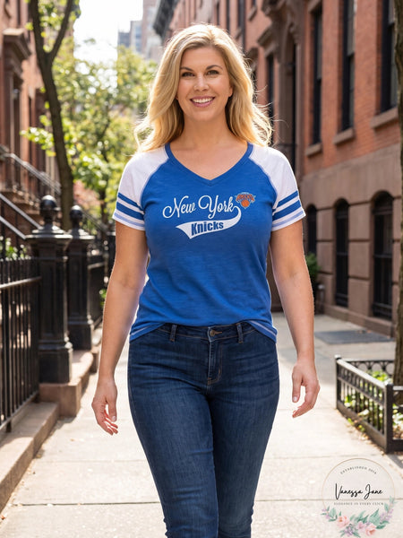 NBA New York Knicks Womens Curvy Short Sleeve Color Blocked Raglan,Size 2X