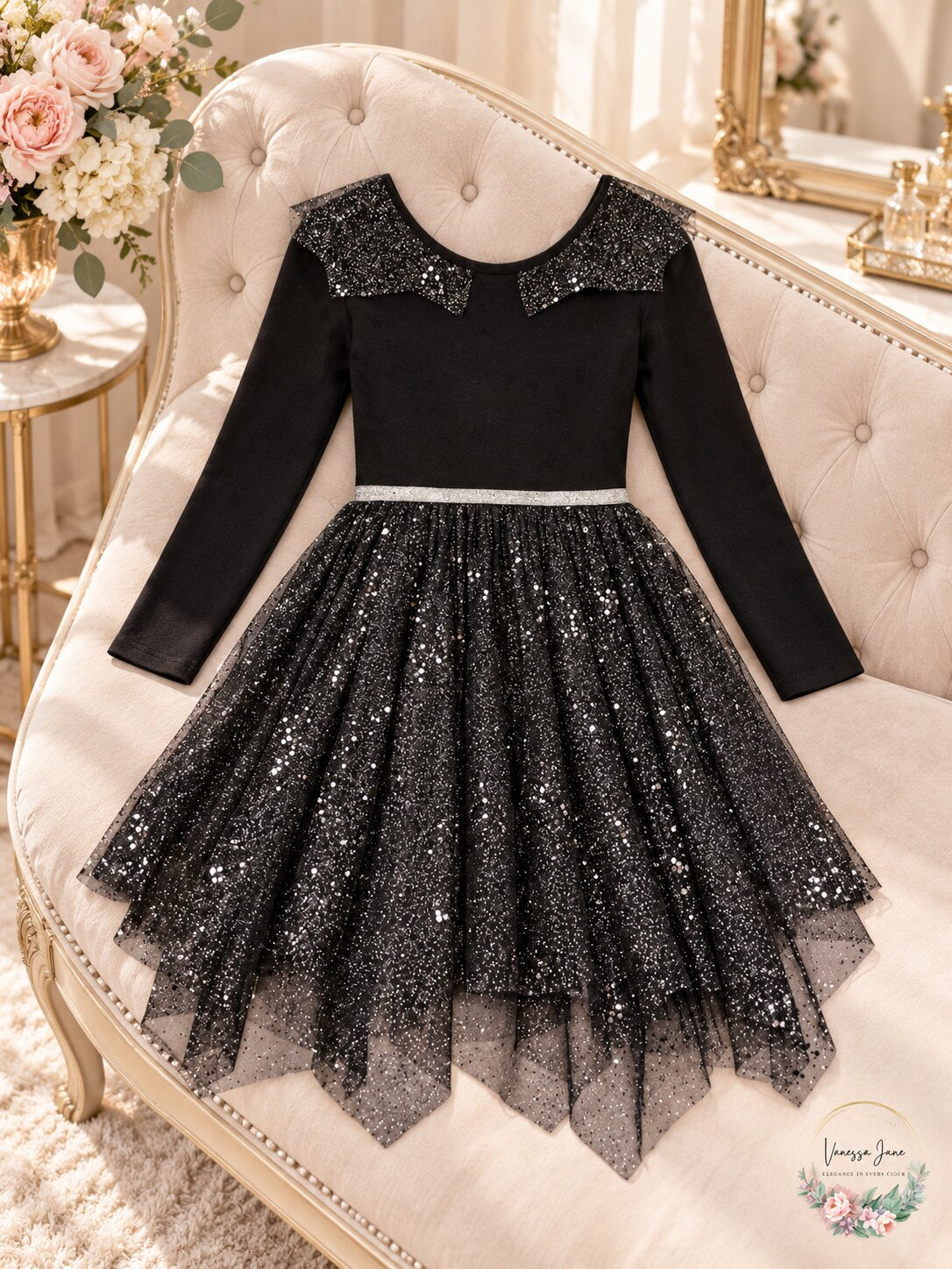 Girls Knit Long Sleeve Tulle Dress Black Sparkly Cat and Jack Size 6