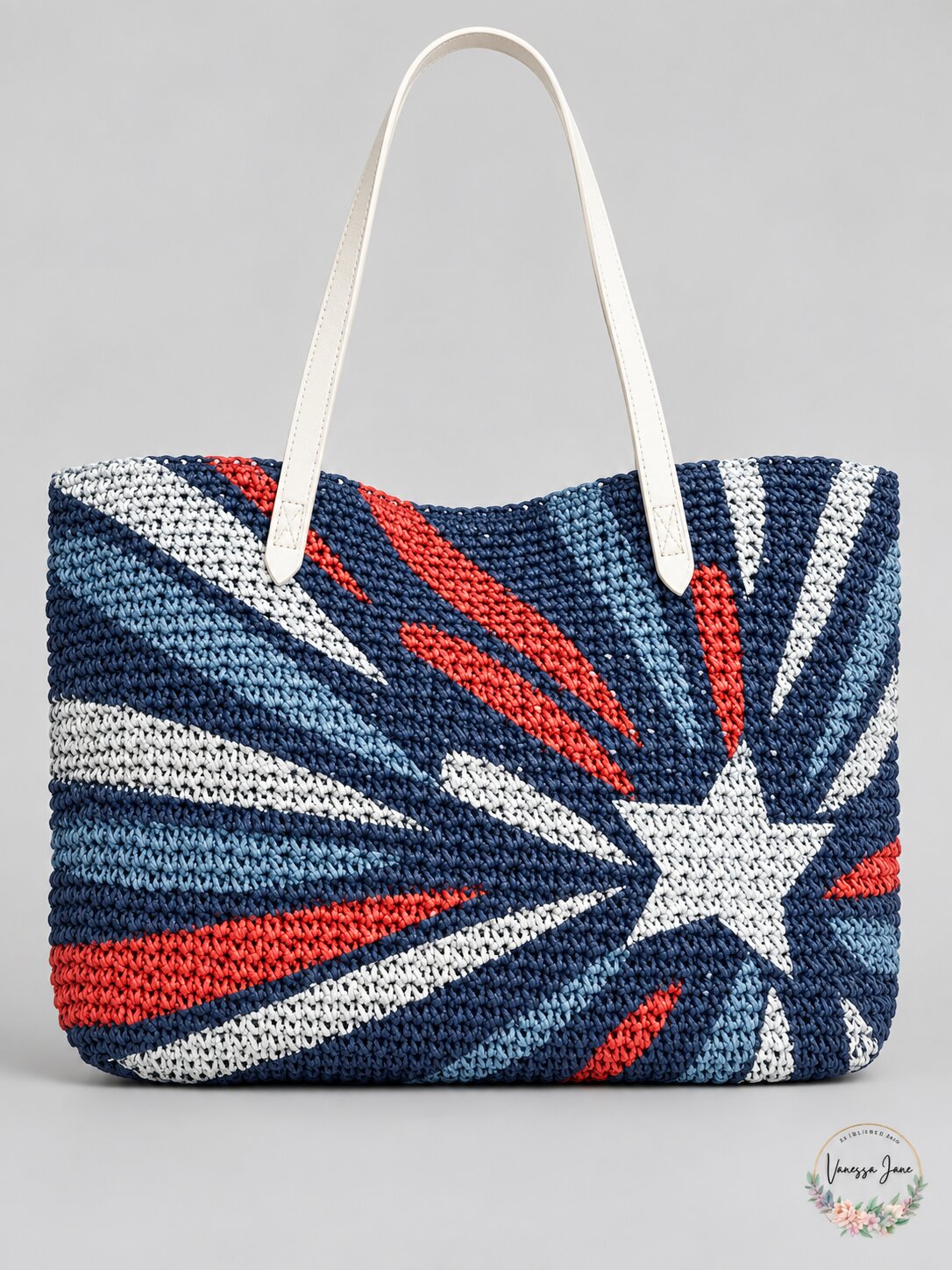 International Concepts Patriotic Tropical Star Straw Tote Blue