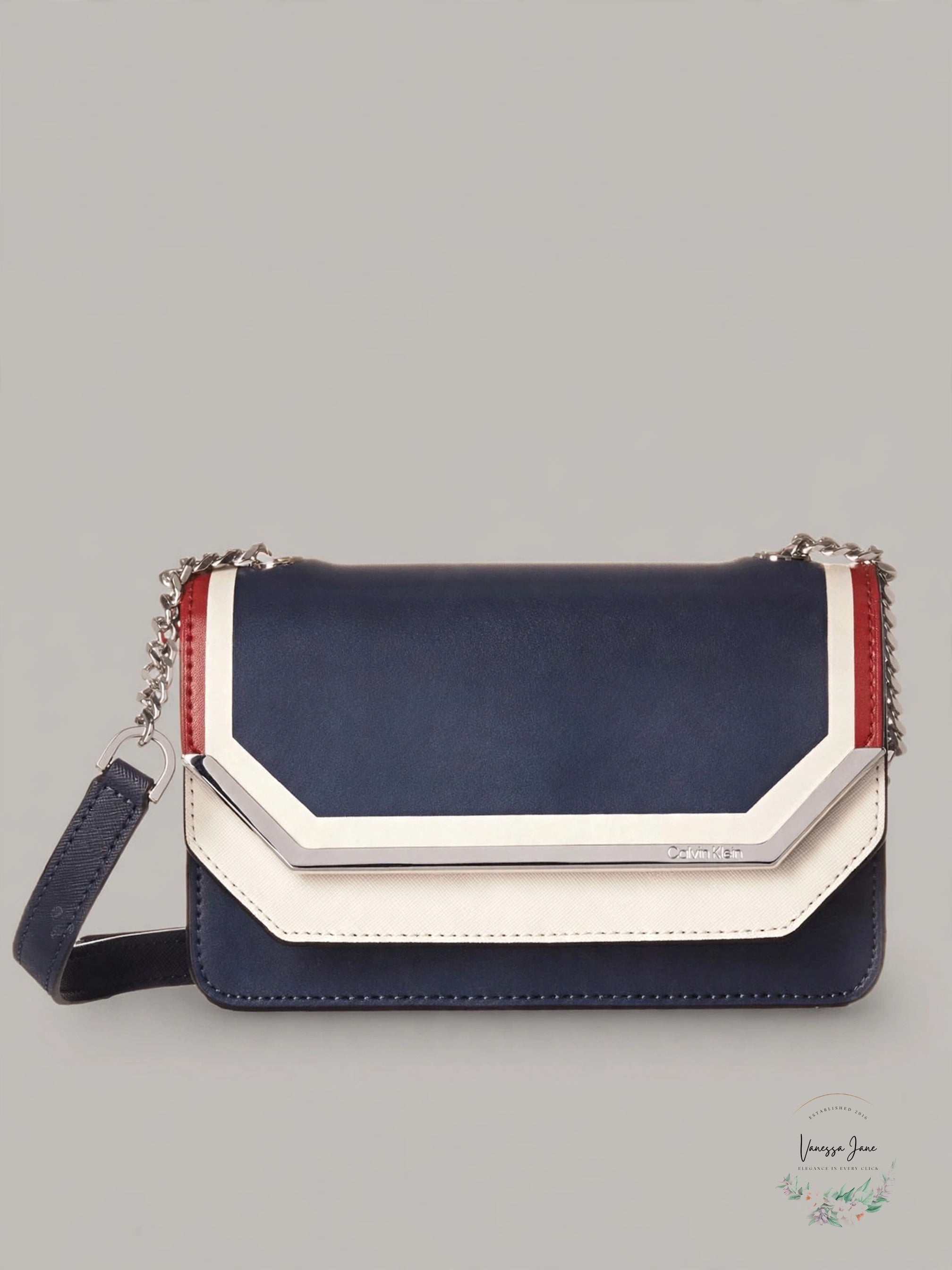 Calvin Klein Tessie Calf Split Leather Flap Over Small Crossbody, Navy combo