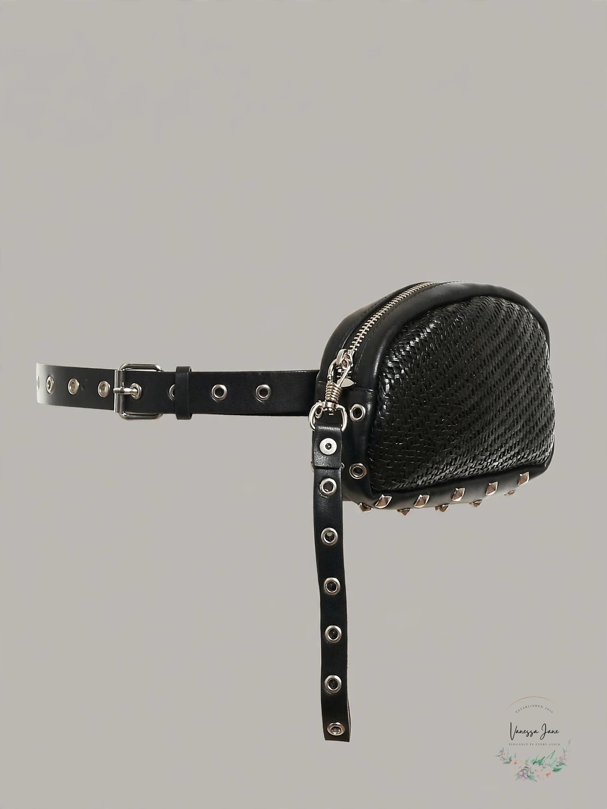 I.N.C. Convertible Woven Belt Bag Black Silver Grommet Faux Leather