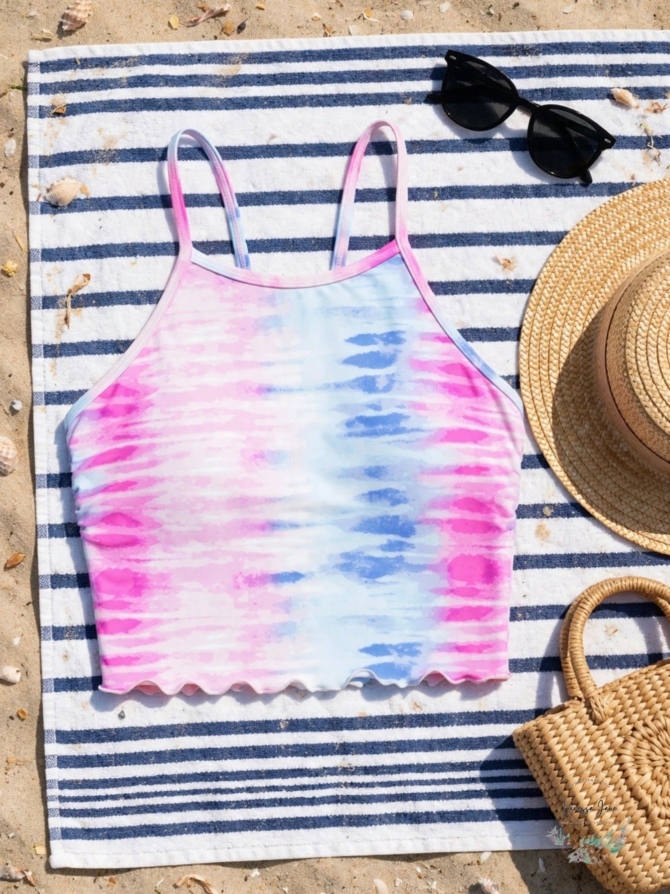 Salt + Cove Juniors Lace-Up-Back High-Neck Swim Top, Pastel Tie-Dye