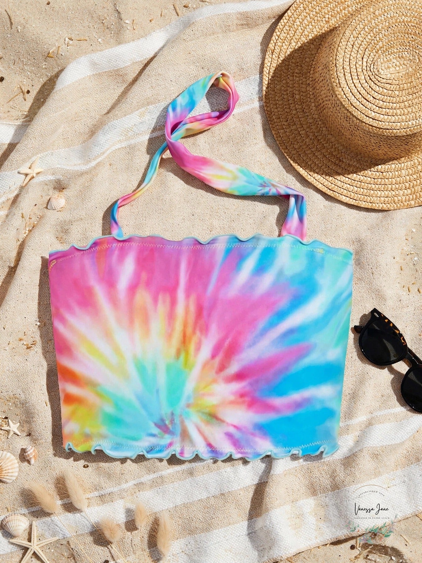 Salt + Cove Tie-Dyed Ruffled Bandeau Bikini Swim Top, Rainbow