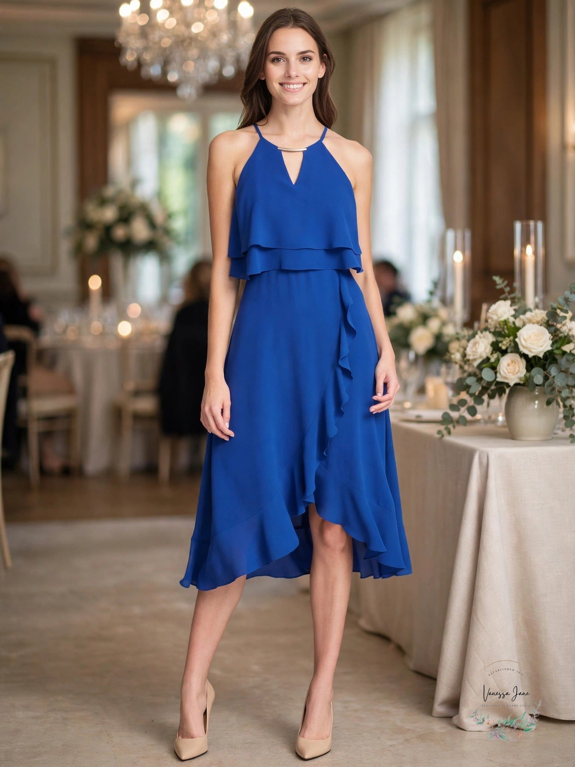 Kensie Women's Cobalt Blue Ruffled Halter High-Low Dress – Size 0
