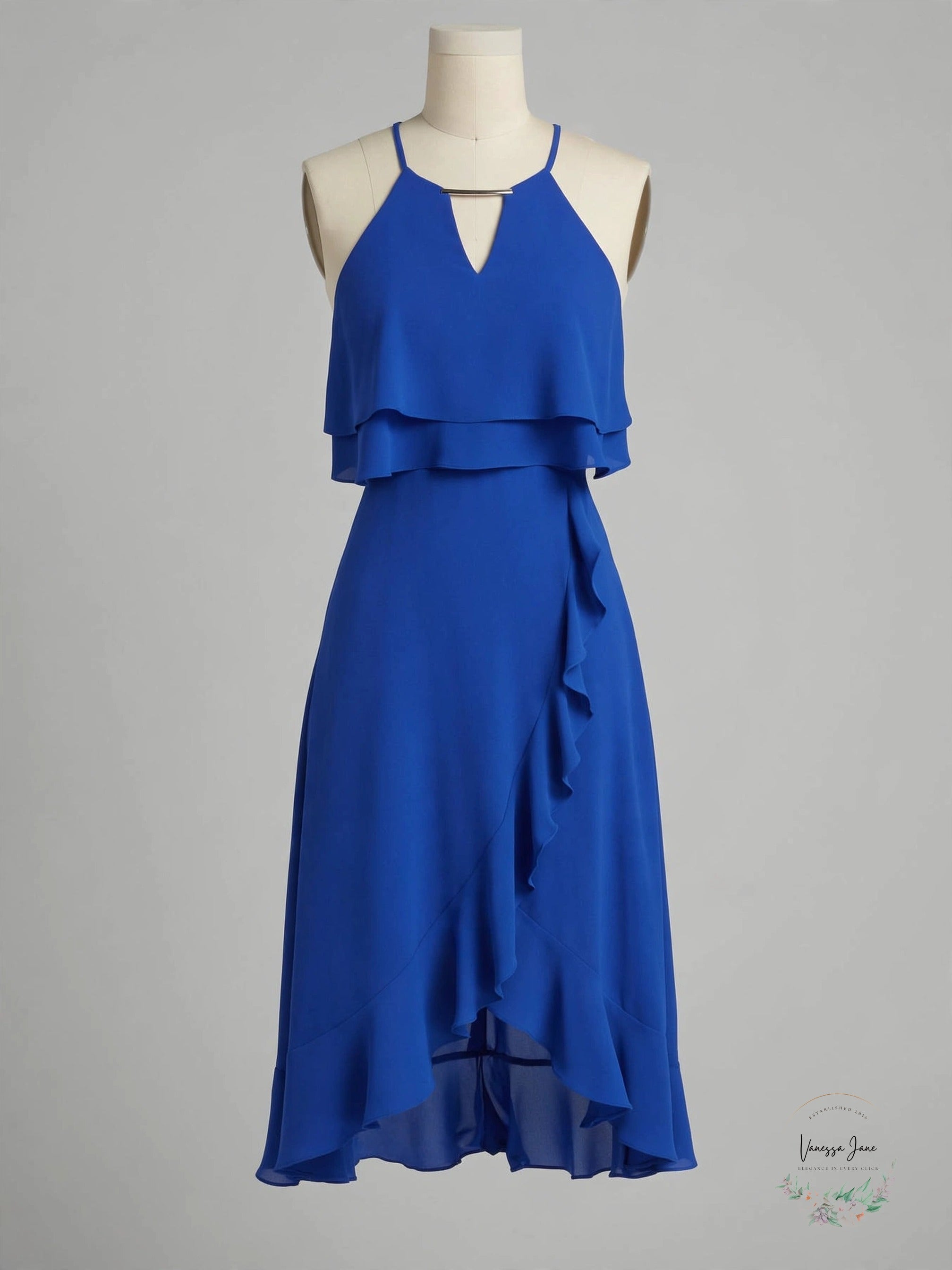 Kensie Women's Cobalt Blue Ruffled Halter High-Low Dress – Size 0