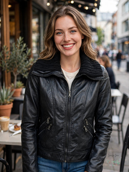 True Love by Ci Sono Juniors Black Faux Leather Biker Jacket, Size Large