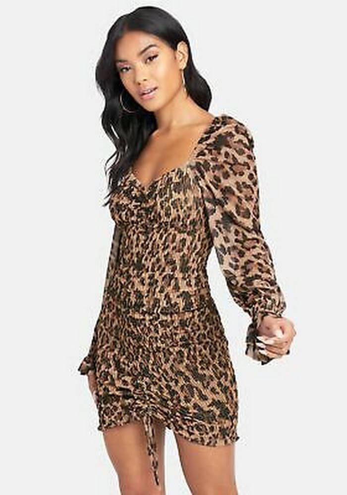 Bebe Puff Sleeve Smocked Printed Mesh Dress, Medium